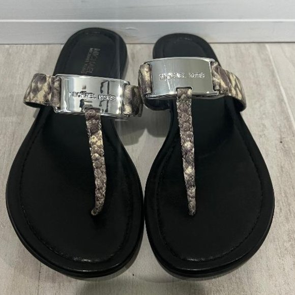 MICHAEL Michael Kors Leather Python Name Plate Thong Slide Sandal 7.5M - Picture 1 of 3